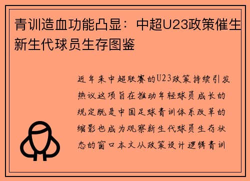 青训造血功能凸显：中超U23政策催生新生代球员生存图鉴