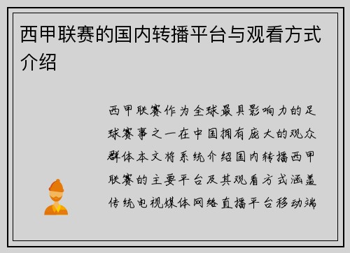 西甲联赛的国内转播平台与观看方式介绍