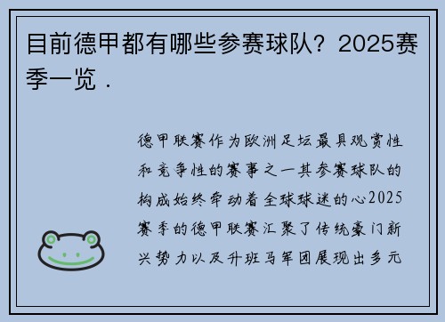 目前德甲都有哪些参赛球队？2025赛季一览 .
